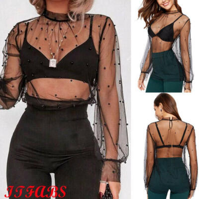 

Women Girls Black Mesh Net T-Shirts Long Sleeve Tee Top Transparent Slim Blouse
