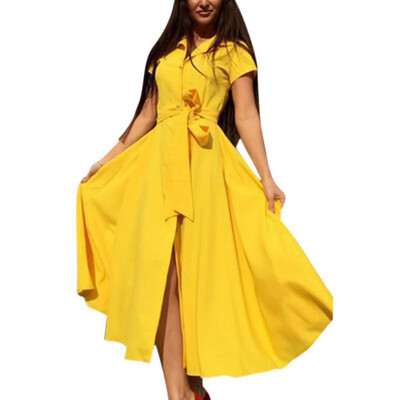 

Women Office Lady Chiffon Lapel Button Lace Up Solid Color Long Shirt Spring Summer Short Sleeve Maxi Dress