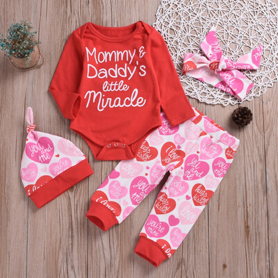

Valentines Day 4PCS Cute Baby Boys Girls Letter Red Romper Tops Long Sleeve Pants Legging Hat & Headband Outfit Clothes Sets