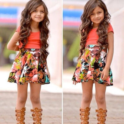 

Baby Kids Girls Dress Tops ShirtSkirt Flower 2-Pieces Outfits Set 2-10Y