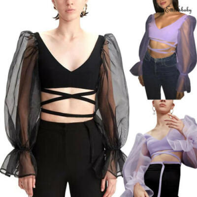 

Women Cropped Tops Sheer Tee Casual T-shirts Mesh Puff Sleeve Blouse Slim