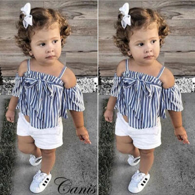 

USA Fashion Toddler Kids Baby Girl Clothes striped TopsShort Pants Outfits Set