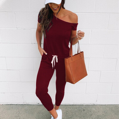 

Womens Casual Jumpsuits Crewneck Off Shoulder Short Sleeve Elastic Waist Romper Playsuits with Pockets