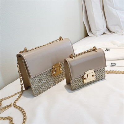 

2019 New Fashion Women PU Straw Weave Messenger Bag Small Square Handbag Mother&Kid Chain Lock Shoulder Crossbody Bag Bolso