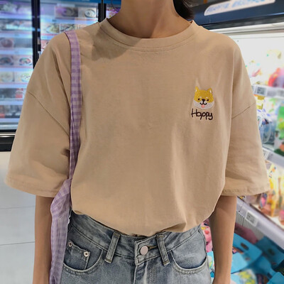 

Summer Cute Animal Happy Embroidered Simple Solid Color Short Sleeve Female T-shirts Tee Bomg