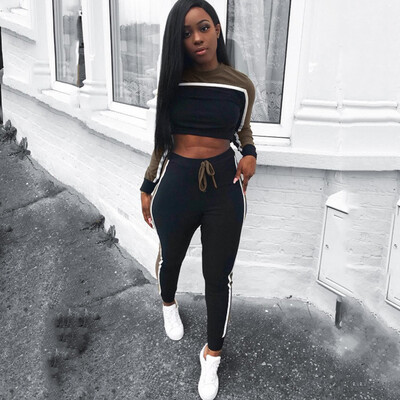 

Fashion Women Splice Color Two-piece Set O-Neck Long Sleeve Slim Long Pants Sportswear Suit