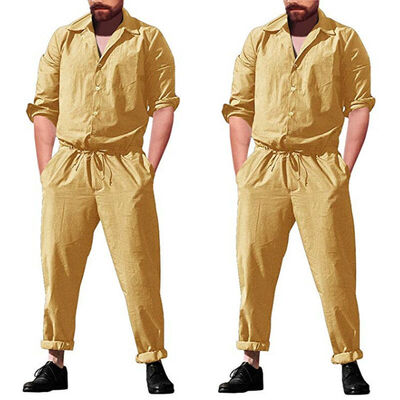 

Men Long Sleeve Solid Coverall One Piece Jumpsuits Cotton Pants Trouser Romper