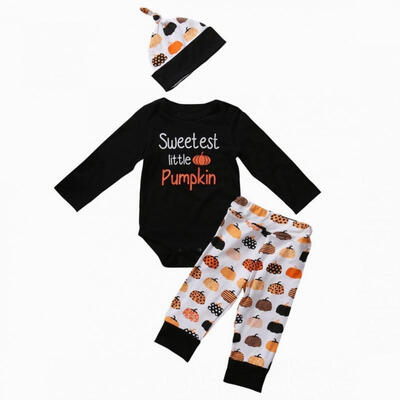 

Newborn Kids Baby Boy Girl Pumpkin T Shirt Romper Cartoon Pants Hat Outfits Set