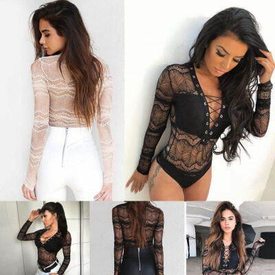 

women sexy low-cut V-neck strap long-sleeved solid color lace perspective jumpsuit Romper bodysuit