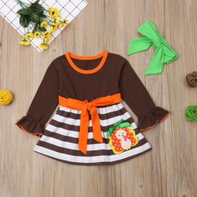 

1-6Y Baby Girls Thanksgiving Day Striped Party Dress Cute Turkey Printed Outfits