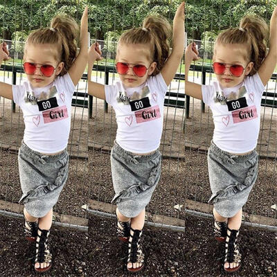 

Newborn Kid Baby Girls Cotton Tops T-shirt Denim Skirts Dress Outfit Clothes