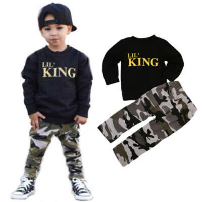 

1-6T Kids Boys KING Cotton T-shirt Tops Camouflage Pants Outfit Clothes Set