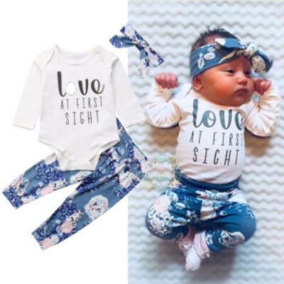 

Newborn Baby Boy Love Print Long Sleeve Jumpsuit Romper Bodysuit Floral Pants Headband Outfit 3pcs Clothes Set