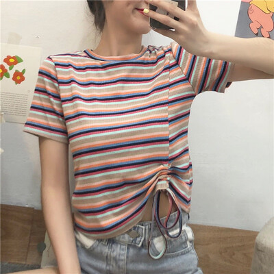 

Novel Design Drawstring Womens T-Shirt Summer Fashion O Neck Striped Short Sleeve T Shirt Sexy Knitted Slim Pullover Tee Tops