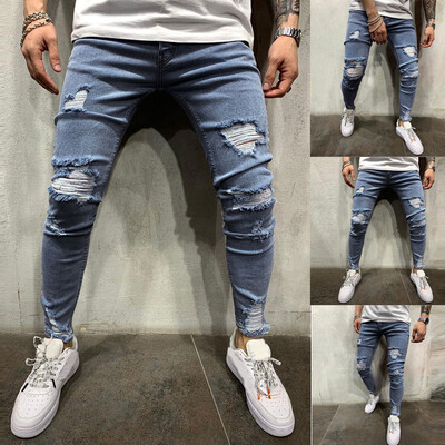 

Gobestart Men Pure Color Hole Denim Vintage Wash Hip Hop Work Trousers Jeans Pants