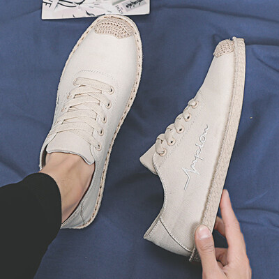 

2019 new summer canvas casual tide shoes cloth lazy mens shoes breathable fisherman linen straw braided spirit guy