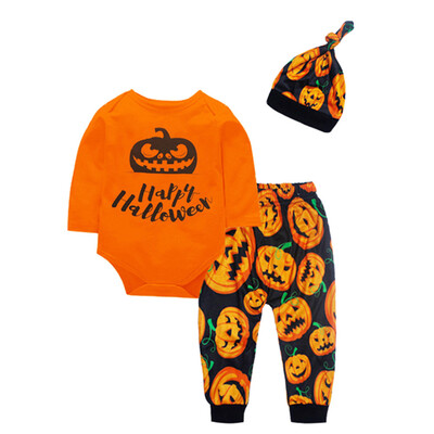 

Toddler Baby Boy Girl Pumpkin Print Top Blouse Pants Cap Halloween Outfits Set
