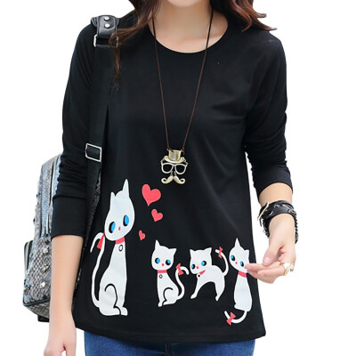 

Autumn Casual Women T Shirt Harajuku Kawaii Cute Style Cats Print T-shirt Women Round Neck Long Sleeve Basic Tops