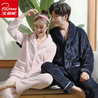 

Arctic velvet Bejirog autumn&winter couple pajamas coral velvet plus velvet thick flannel lapel female large size home service mens long sleeve suit winter 6490 pink M