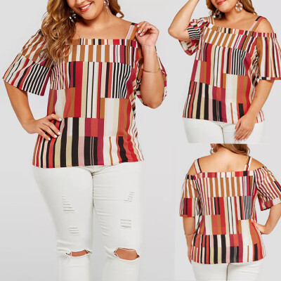 

Roseonmyhand Fashion Womens Plus Size Cold Shoulder Striped Printed T-shirt