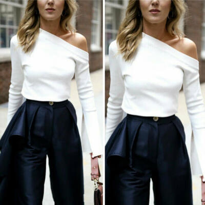 

Womens Cold Shoulder Blouse Slash Neck Casual Loose Long Sleeve Sweater Shirt