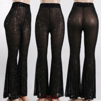 

Women See Through Beach Mesh Sheer Wide Leg Pants High Waist Bikini Cover Up