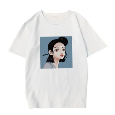 

Loose Women T-Shirt Short Sleeve Cartoon Print O-Neck Hong Kong Flavor Tops