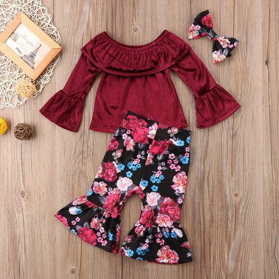 

Newborn Kids Baby Girls Clothes off shoulder Ruffle long sleeve Tops Floral print Pants Bow Headband 3pc