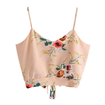 

Womens Sleeveless Spaghetti Strap Floral Print V Neck Lace Up Bow Crop Top Camisole