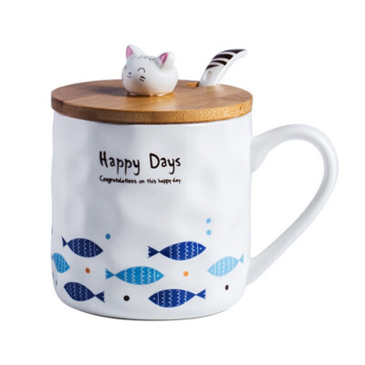 

Fashion Creative Cat&Fish Group Mark Ceramic Cup Cartoon with Spoon with Lid Breakfast Milk Water Mugs Drinkwar