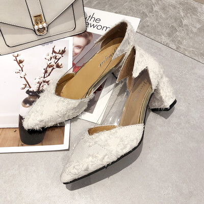 

Little fresh girl high heels female spring retro pointed shallow mouth thick heel chic fairy shoes