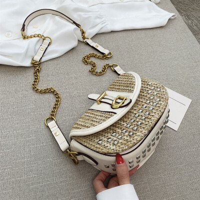 

Tailored Women Hand-Woven Straw Rivet Bag Chain Shoulder Bag Patchwork Crossbody Bags