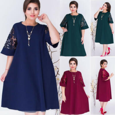 

Loose Dress Plus Size Women Solid Short Sleeve Lace Stitching Knee Length 2019