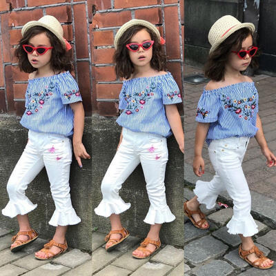 

2Pcs Toddler Baby Girls Striped Flower BlouseWhite Pants Outfits