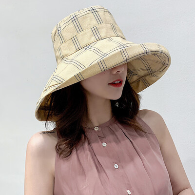 

Summer sun protection double - sided cotton - linen fishermans hat plaid goes out sun - shading sun cap net red person basin hat