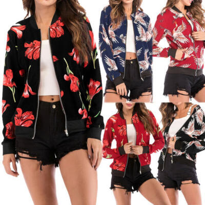 

Fashion Womens Retro Floral Zipper Bomber Jacket Clothes Parka Coat Outwear US