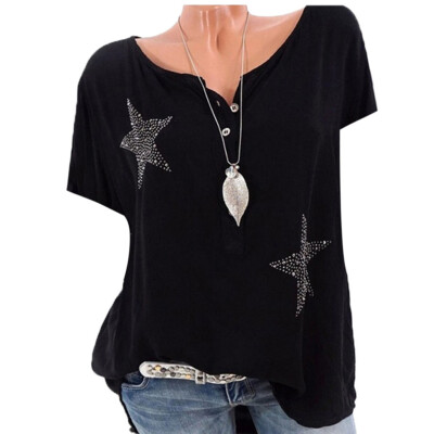 

Nomeni Women Button Five-pointed Star Hot Drill Plus Size Tops Blouse