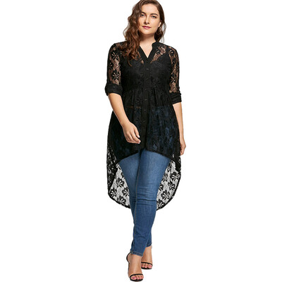 

PREISEI Spring Autumn Women Black Sexy Elegant Lace Floral Hollow V-Neck Long Sleeve Blouse Shirt DJDM008