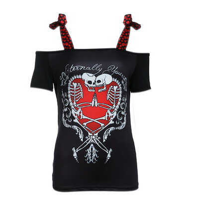 

Fashion Female Loose Skull 3D Digital Printing Soft Boat Collar T-shirt