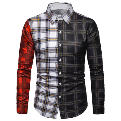 

Long Sleeves Turn-down Collar Plaid Print Panel Shirt