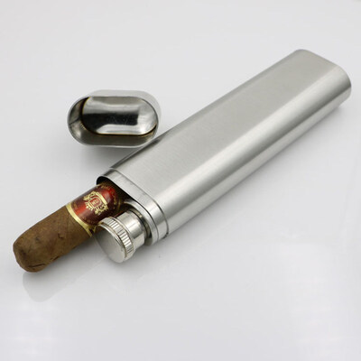 

2oz Stainless Steel Hip Flask with Built-in Cigar Tube Holder Travel Accessory