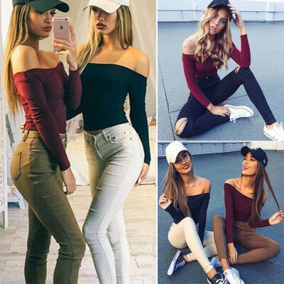 

Fashion Women Casual Off Shoulder Tank Top Vest Blouse Long Sleeve Crop Tops