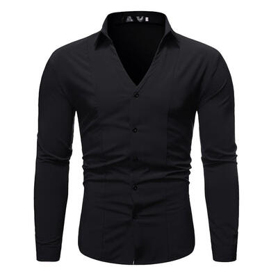 

Male Fashion Solid Color V-neck Shirt Casual Men\\s Long-sleeve Tops Shirt for Business