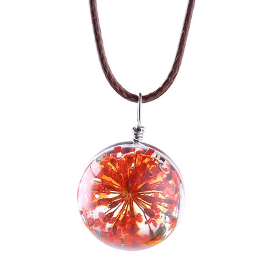 

Hot New Creative Personality Time Gemstone Dandelion Dried Flowers Transparent Spherical Pendant Leather Cord Necklace