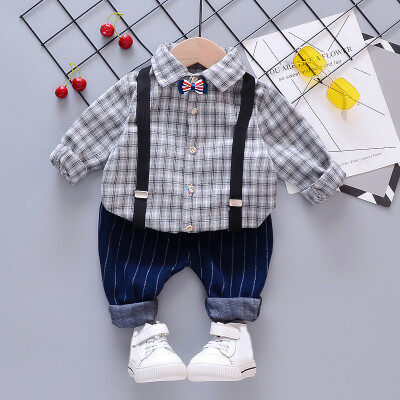 

Toddler Newborn Boy Autumn Outfits Long Sleeve Plaid Print Shirt TopStrap Striped Trousers Casual Sets