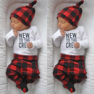 

NEWNewborn Infant Baby Boy Xmas Plaid Outfit Clothes Romper TopPantsHat Set