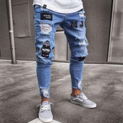 

Men´s Skinny Slim Fit Straight Destroyed Blue Black Pants Ripped Knee Men 3X Blue