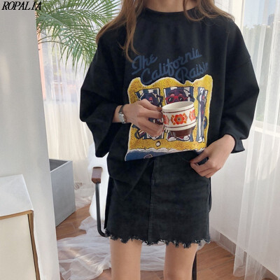 

Womens Round Neck Letter Print 34 Sleeve Loose T-Shirt Slit Casual Pullover Long T-Shirts