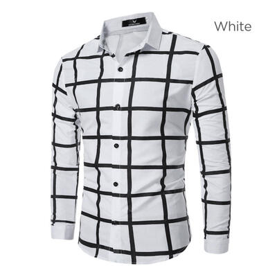 

Fashion Plaid Geometric Pattern Mens Shirt Casual Slim Long Sleeve Base Shirt Tops