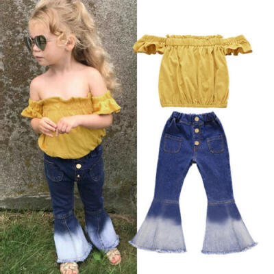 

2Pcs Toddler Kids Baby Girls Off Shoulder Tops Denim Long Pants Jeans Outfit Set